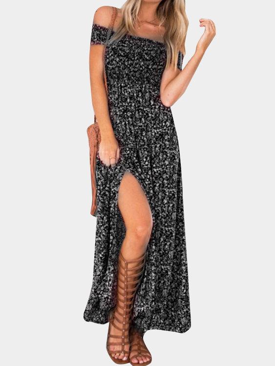 Floral Print Off Shoulder Splited Hem Maxi Dresses - Landing Closet