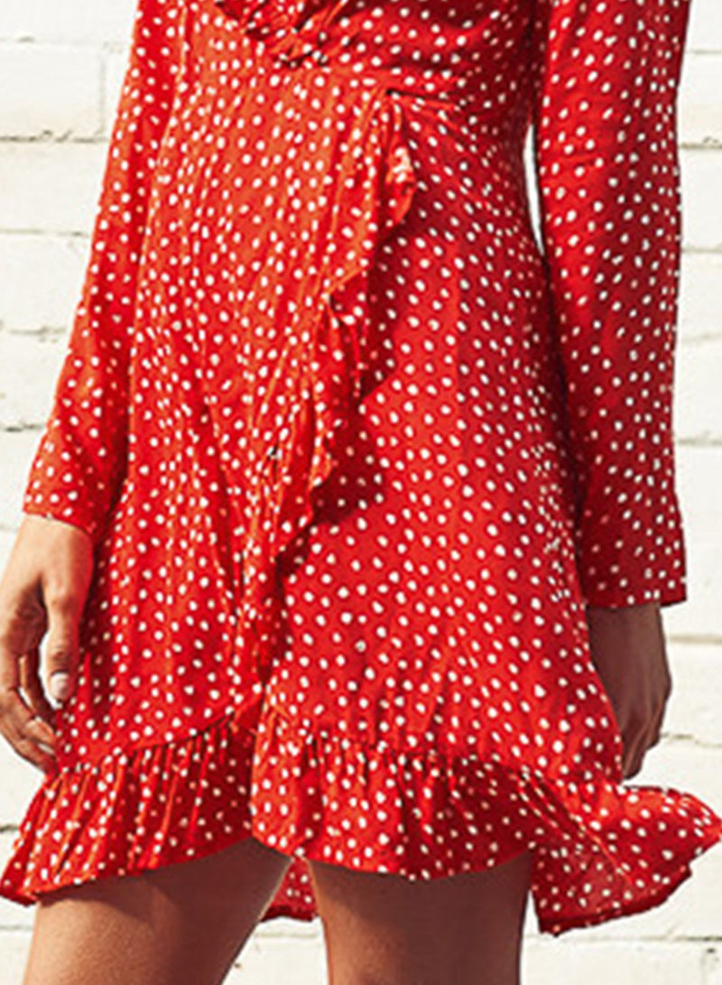 V Neck Polka Dot Ruffle Dress