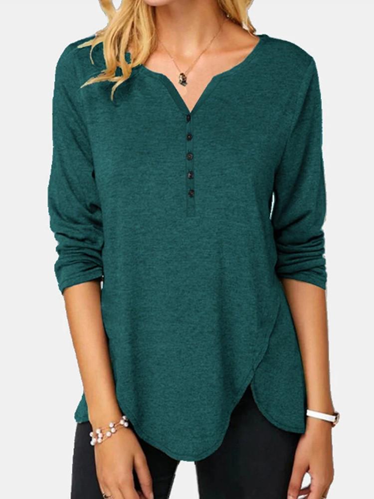 Irregular Hem Button Solid Long-sleeve T-shirt