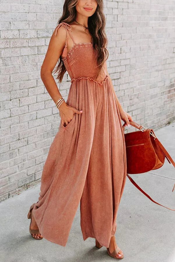 Smocked Pocket Wide Leg Slip Jumpsuit