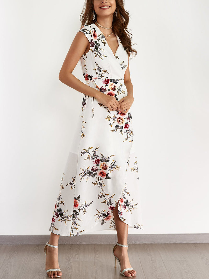 White V-neck Random Floral Print Self-tie Dress