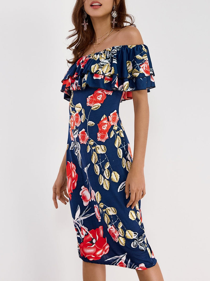 Off Shoulder Random Floral Print Tiered Dress - Landing Closet