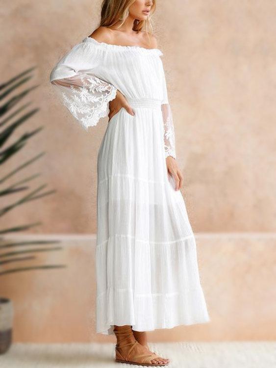 White Lace Details Off The Shoulder Flared Sleeves Maxi Dress