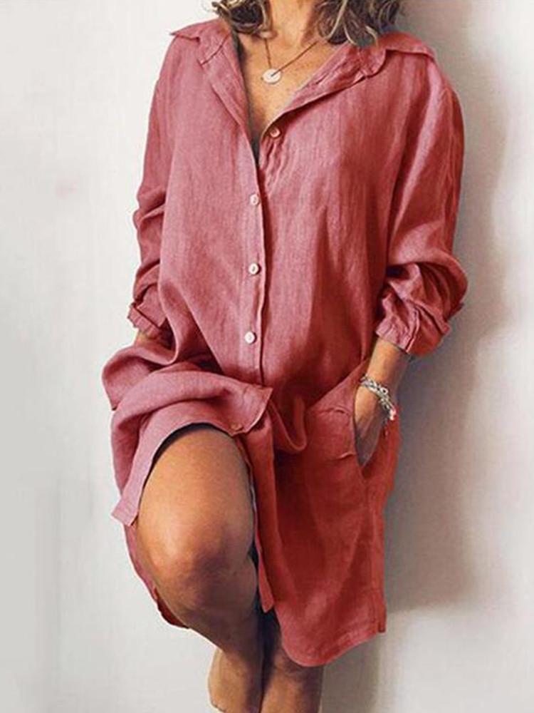 Solid Loose Pocket Button Shirt Dress