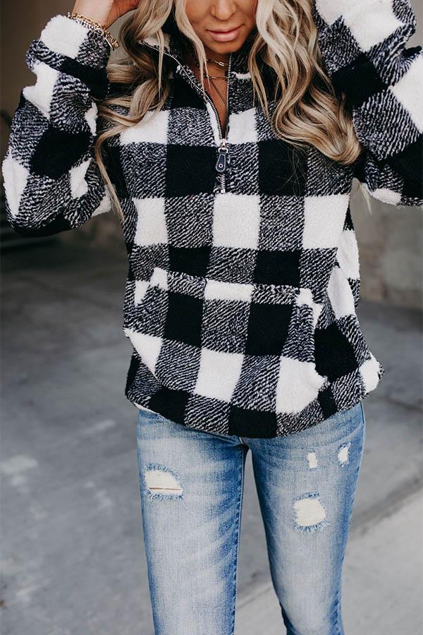 Black And White Plaid Jacquard Zipper Front Stand Collar Women Street Sweatshirt