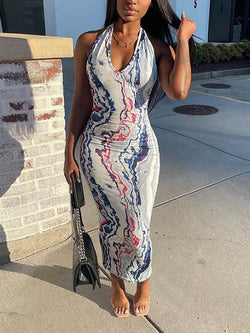 Halter Sleeveless Bodycon V Neck Maxi Dress