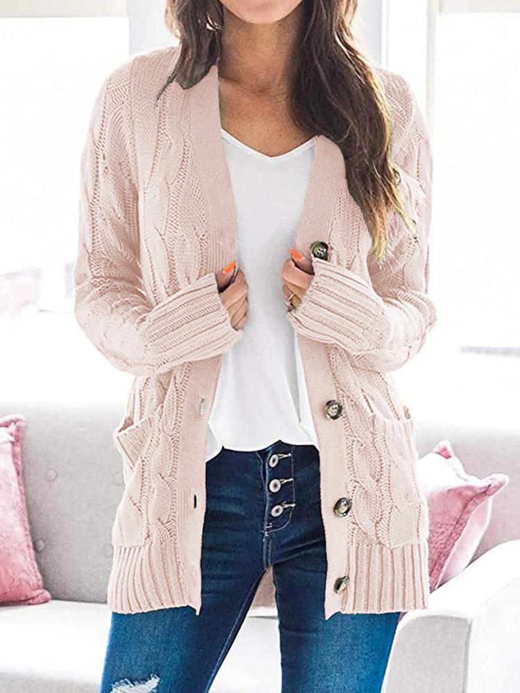 Loose Cable Button Solid Sweater Cardigan with Pockets