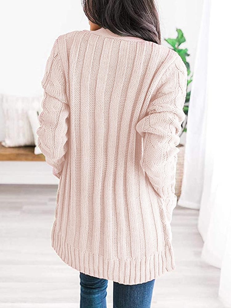 Loose Cable Button Solid Sweater Cardigan with Pockets