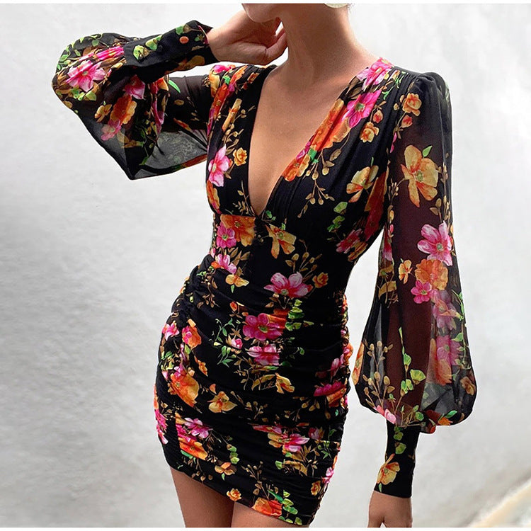 Deep V Neck Long Sleeve Floral Mini Dress