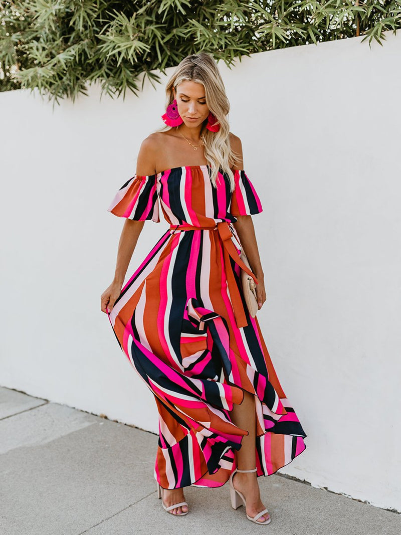 Vacation Off Shoulder Striped Belt Maxi Dress