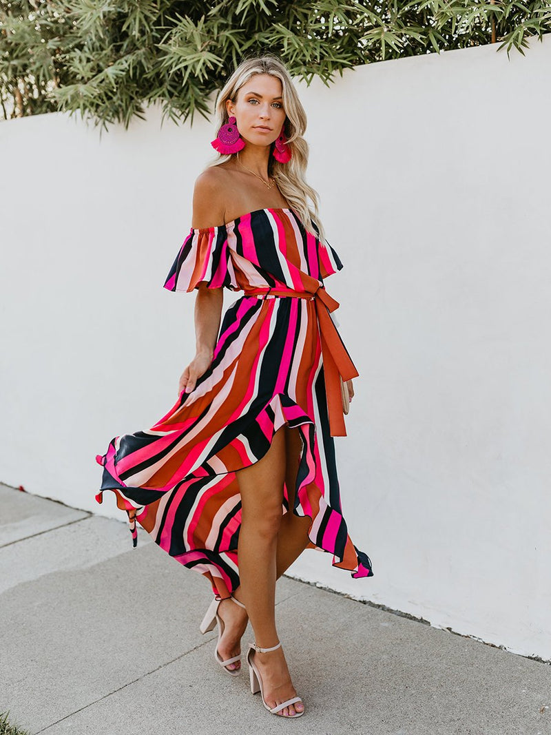 Vacation Off Shoulder Striped Belt Maxi Dress