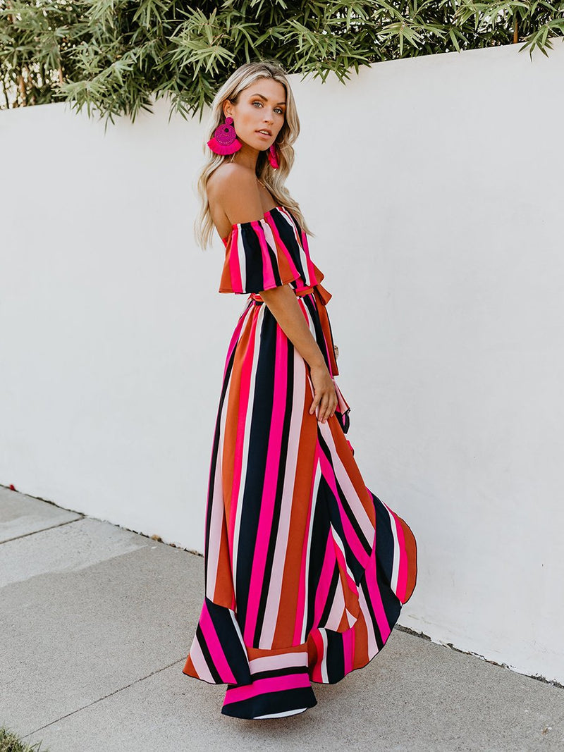 Vacation Off Shoulder Striped Belt Maxi Dress