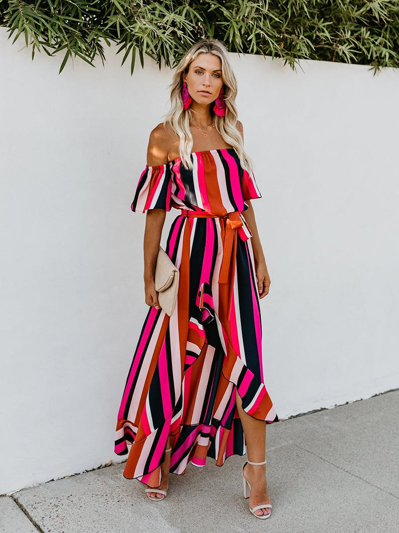 Vacation Off Shoulder Striped Belt Maxi Dress