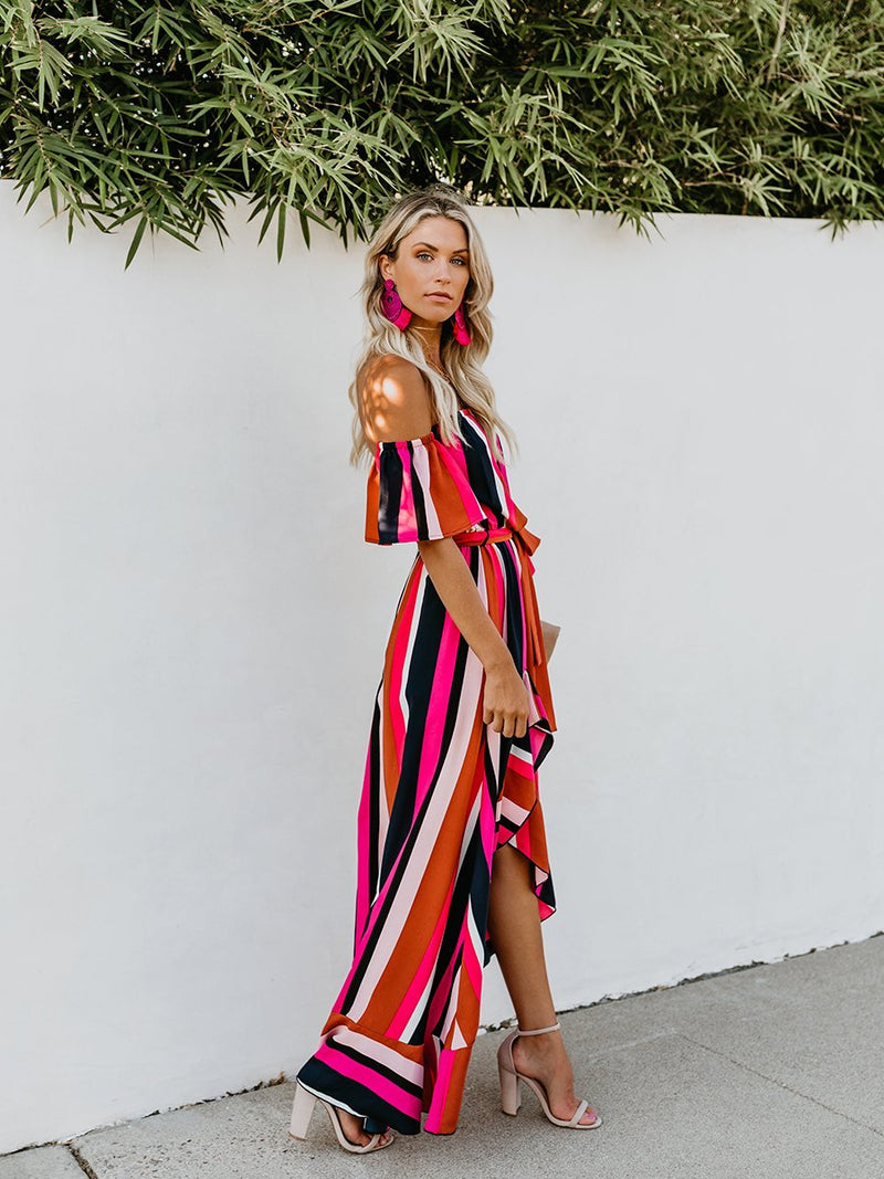 Vacation Off Shoulder Striped Belt Maxi Dress