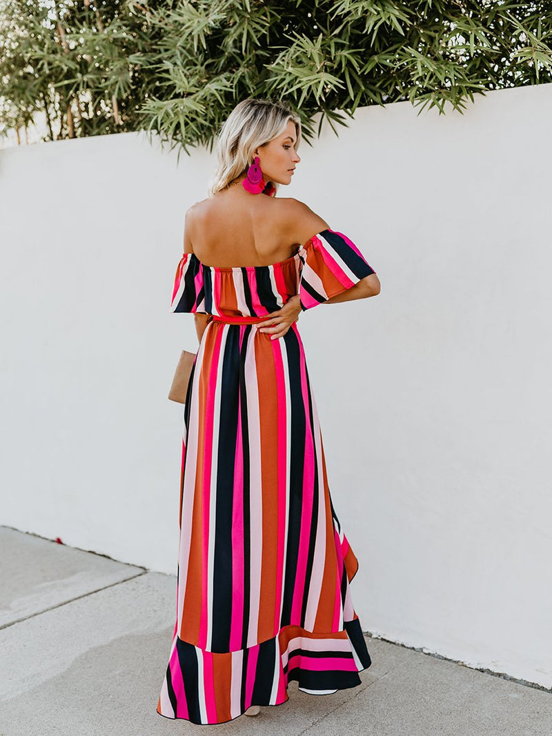 Vacation Off Shoulder Striped Belt Maxi Dress