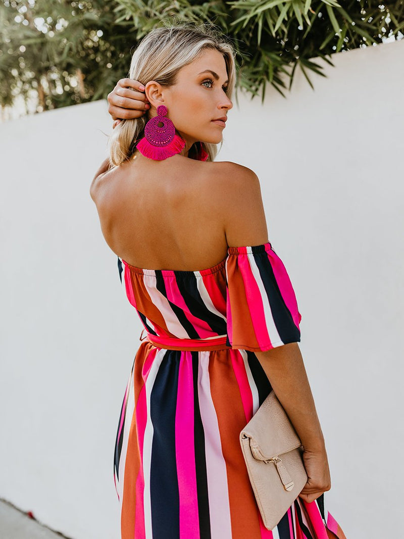 Vacation Off Shoulder Striped Belt Maxi Dress