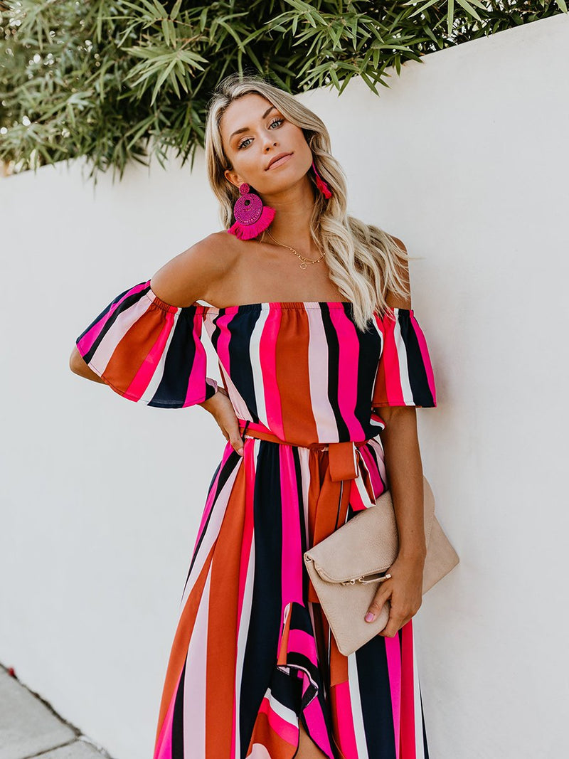 Vacation Off Shoulder Striped Belt Maxi Dress