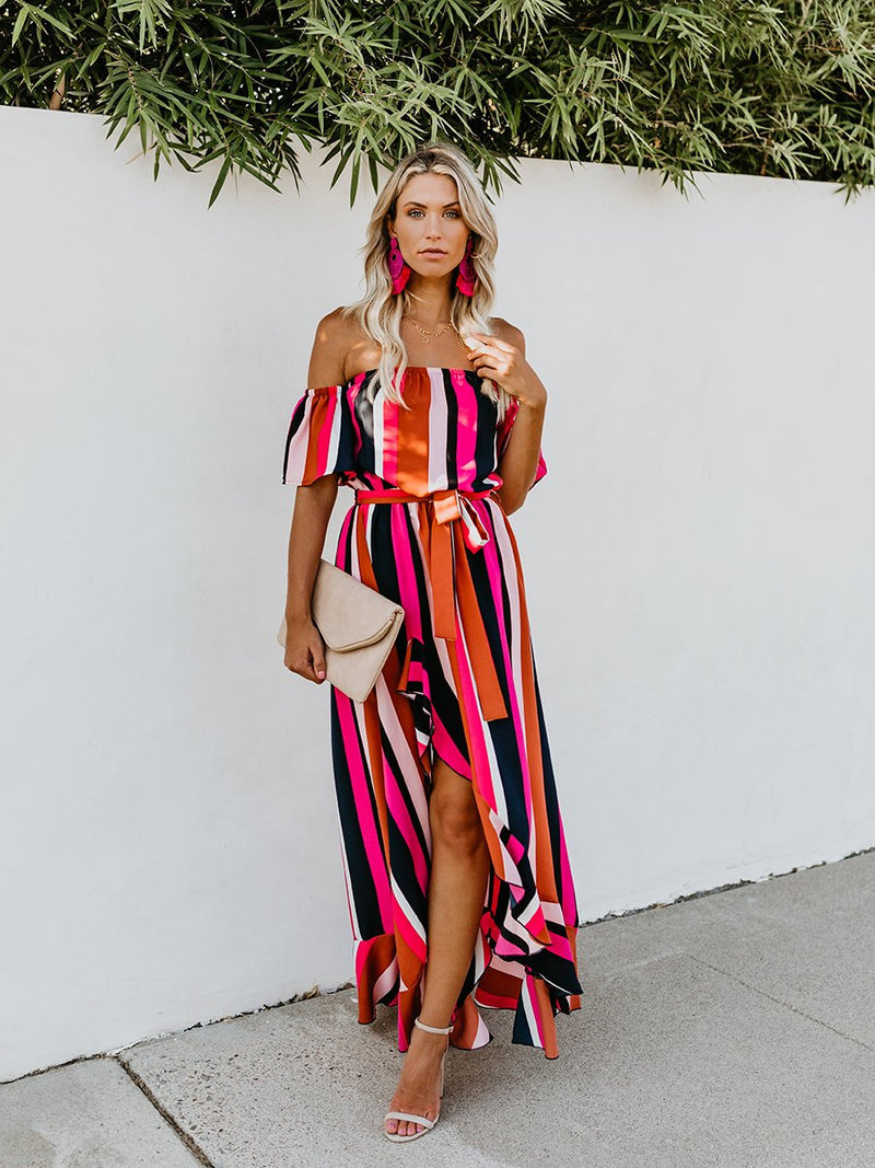 Vacation Off Shoulder Striped Belt Maxi Dress