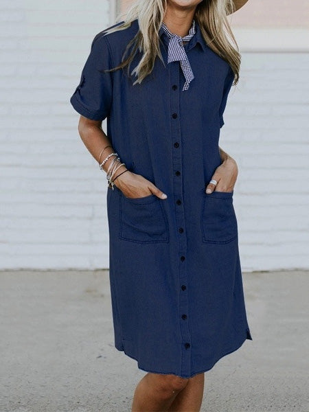 Women's Dresses Lapel Button Pocket Denim Shirt Dress