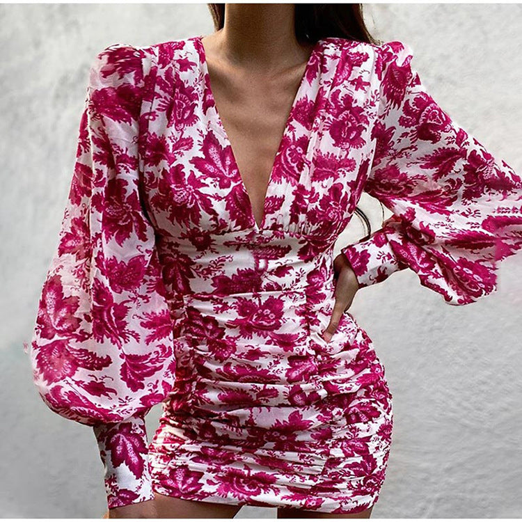 Deep V Neck Long Sleeve Floral Mini Dress