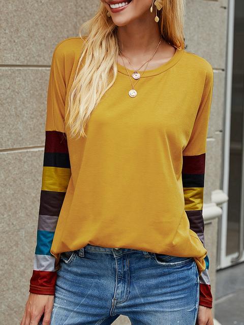 Casual Round Neck Striped Long Sleeve T-shirt