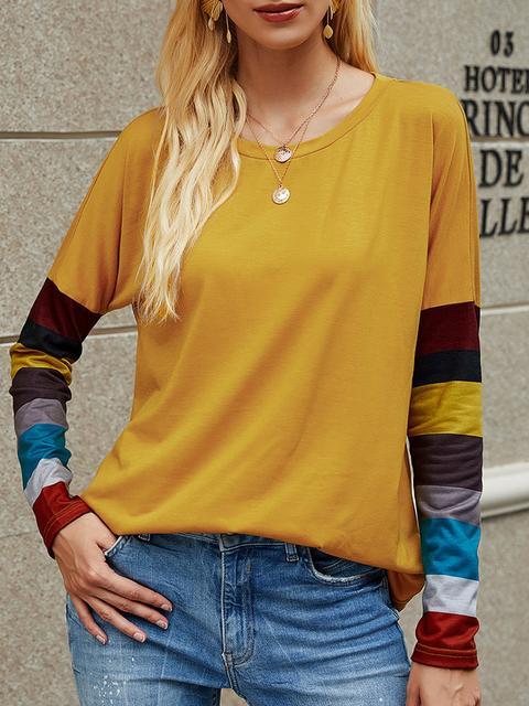 Casual Round Neck Striped Long Sleeve T-shirt