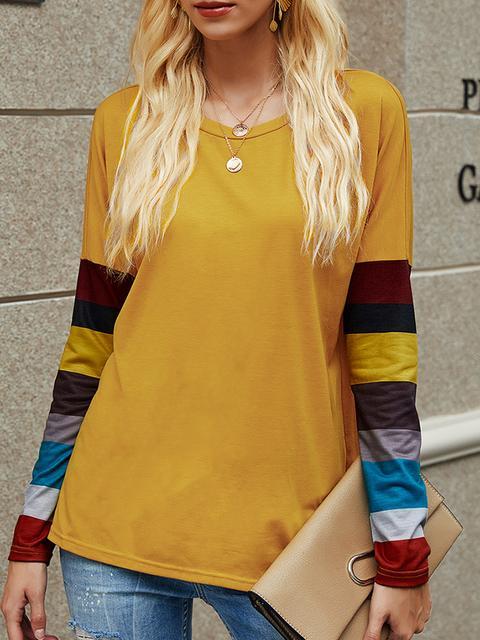 Casual Round Neck Striped Long Sleeve T-shirt