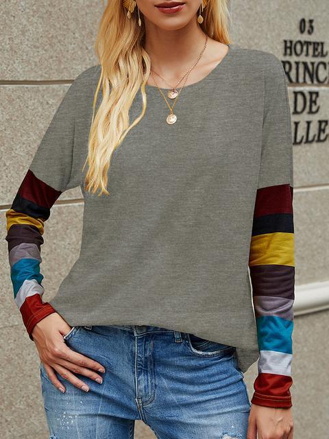 Casual Round Neck Striped Long Sleeve T-shirt