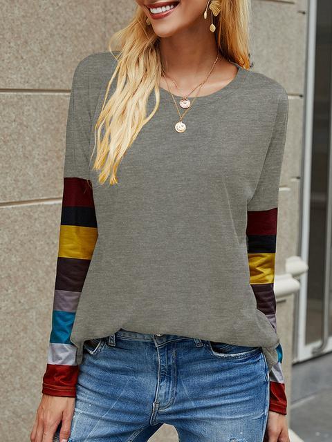 Casual Round Neck Striped Long Sleeve T-shirt