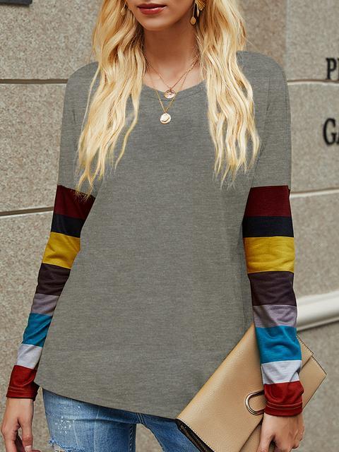 Casual Round Neck Striped Long Sleeve T-shirt