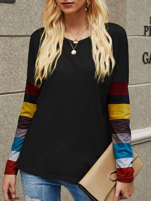 Casual Round Neck Striped Long Sleeve T-shirt