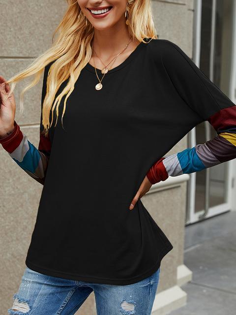 Casual Round Neck Striped Long Sleeve T-shirt