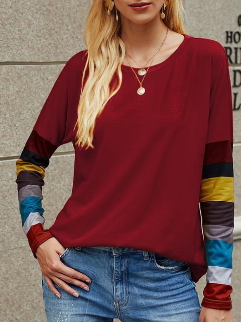 Casual Round Neck Striped Long Sleeve T-shirt