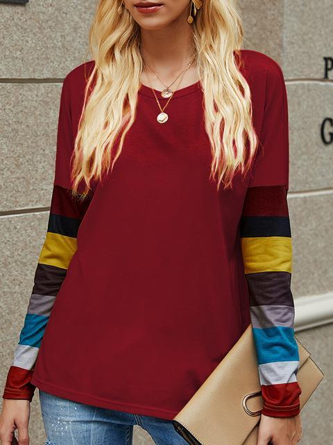 Casual Round Neck Striped Long Sleeve T-shirt