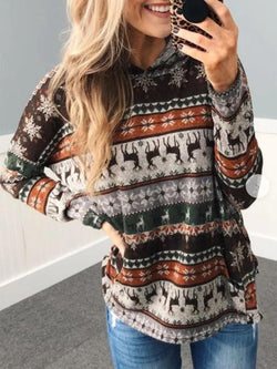 Christmas Elk Print Hooded Casual Top