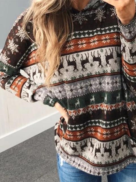 Christmas Elk Print Hooded Casual Top