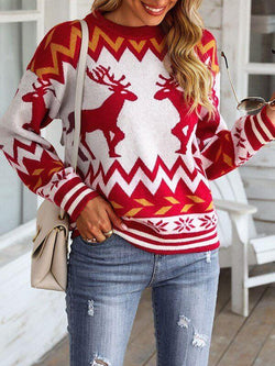 Christmas Reindeer Print  Round Neck Knit Sweaters