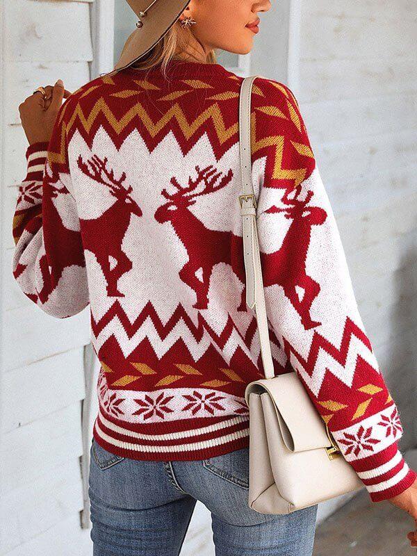 Christmas Reindeer Print  Round Neck Knit Sweaters