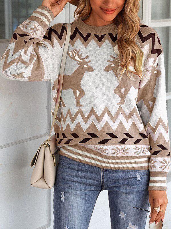 Christmas Reindeer Print  Round Neck Knit Sweaters