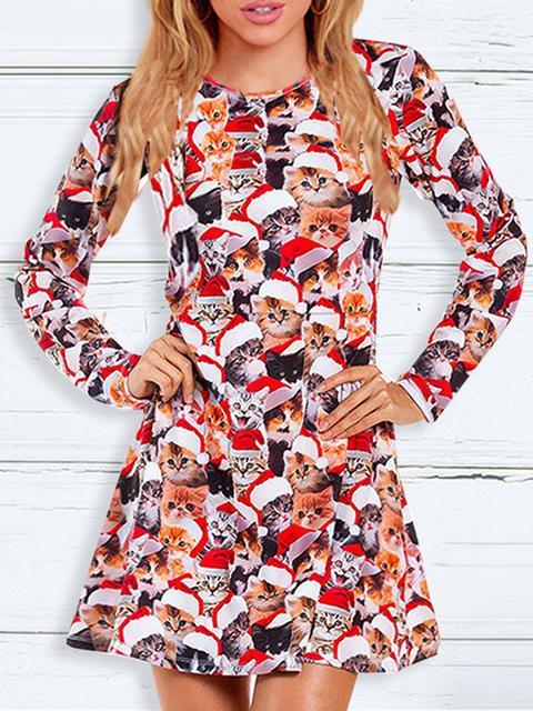 Christmas Round Neck Slim Print Dress