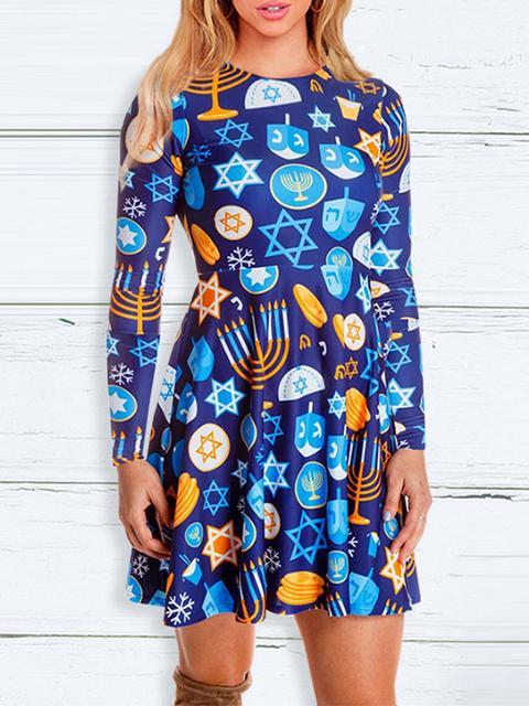 Christmas Round Neck Slim Print Dress