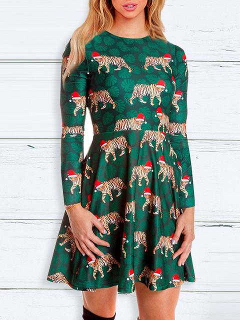 Christmas Round Neck Slim Print Dress