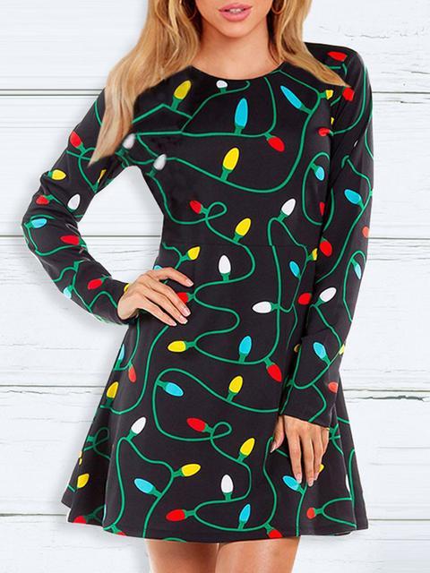 Christmas Round Neck Slim Print Dress