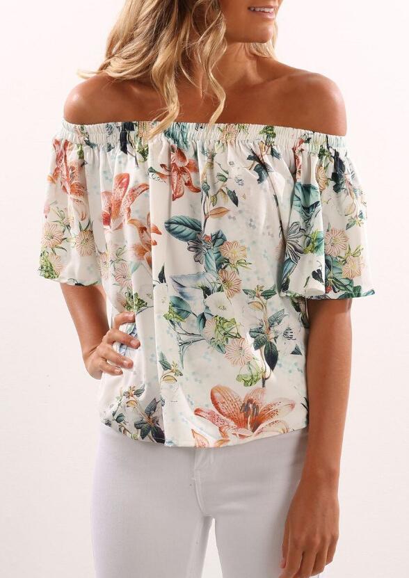 Floral Off Shoulder Blouse Irregular Hem - Landing Closet