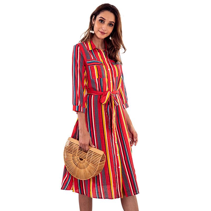 Blue Colorful Striped Print Crew Neck Dress - Landing Closet