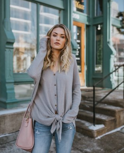 Grey Knotted V-neck Long Sleeved Button Sweater