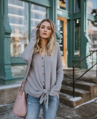 White Knotted V-neck Long Sleeved Button Sweater