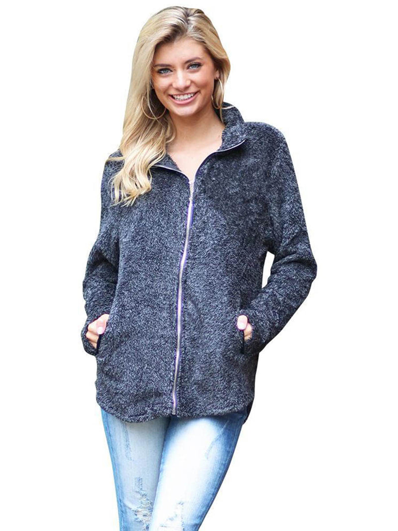 Long Sleeve Zip Up Fluffy Faux Fleece Jacket