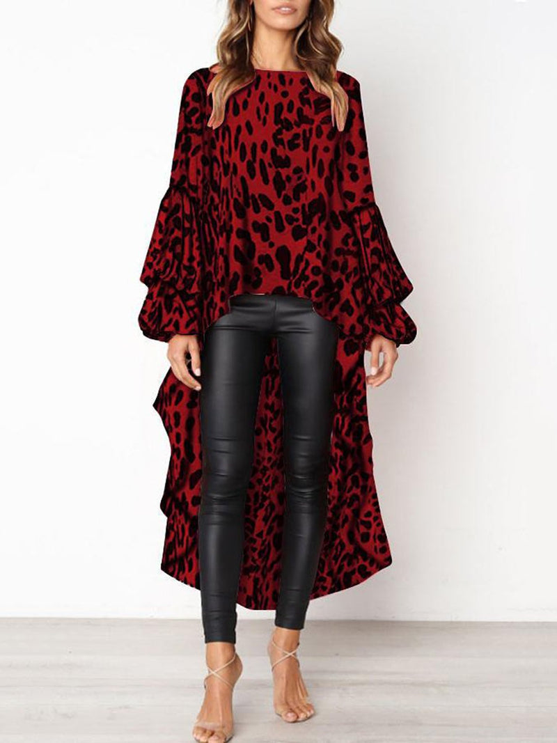 Leopard Printed Long Sleeves Irregular Hem Top T-shirt