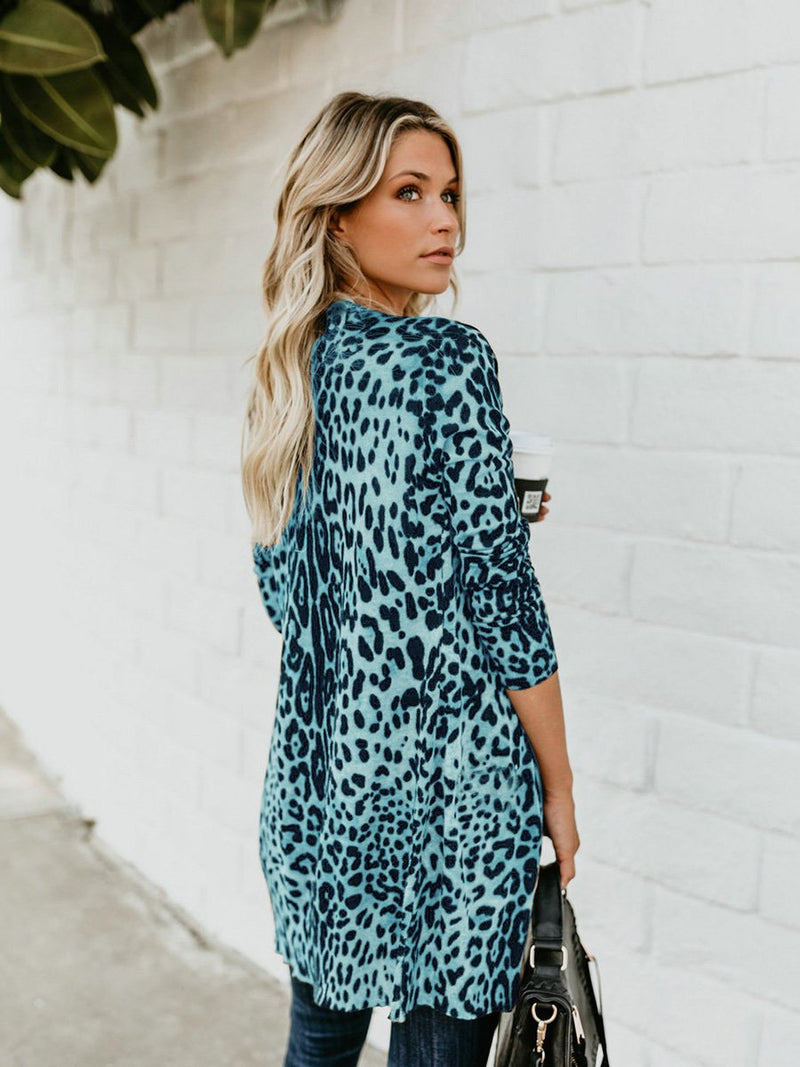 V-neck Long Sleeves Leopard Printed Button Blouse Top